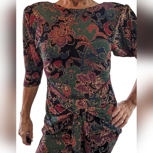 Vintage Janine London Stretchy Metallic Floral Open Back Bodycon Mini Dress Sz S - Picture 9 of 12